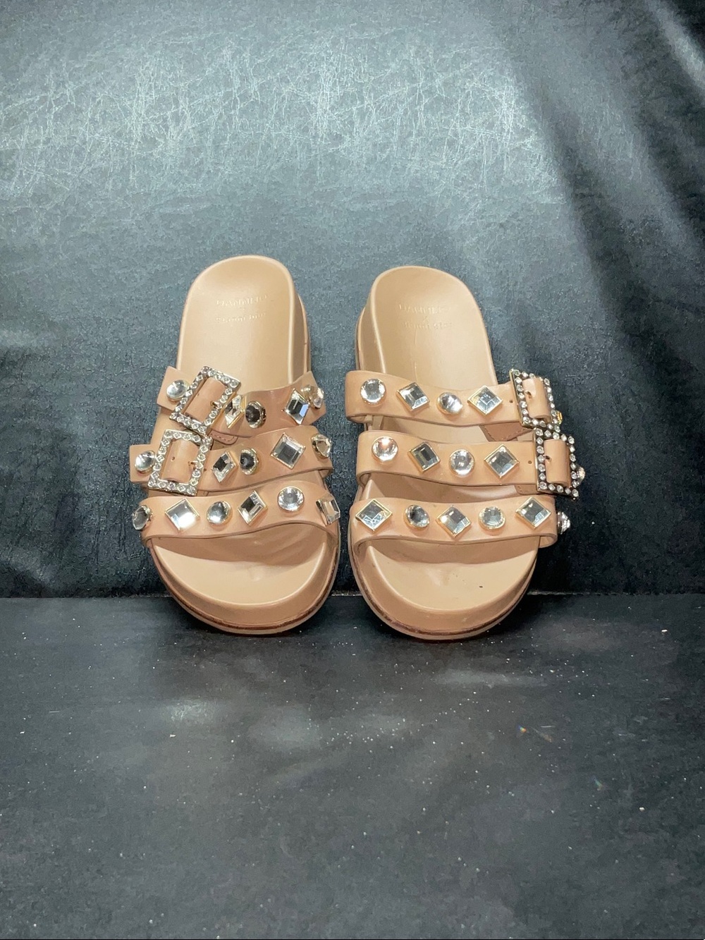 DANNIJO Nude Studded Triple-Strap Slide Sandals